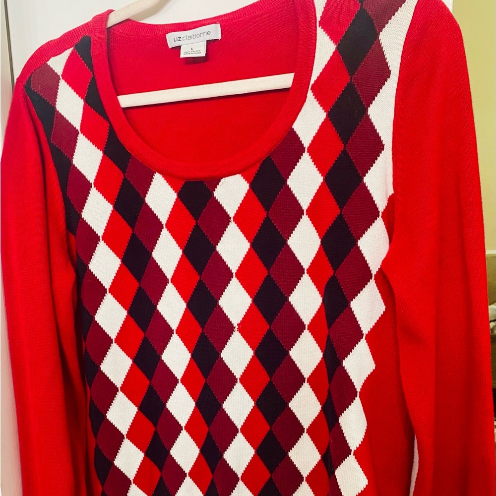 Argyle Checkered Preppy Size L Sweater Liz Claiborne Long Sleeved Red 100% Cotto